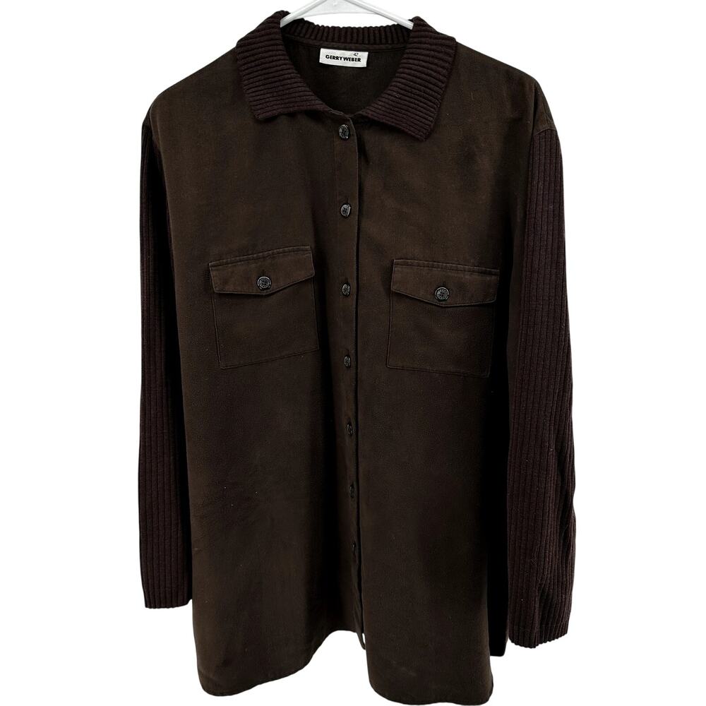 Gerry Weber Wool Shirt Jacket Button Down Faux Leather Pockets Rib Brown 42 L